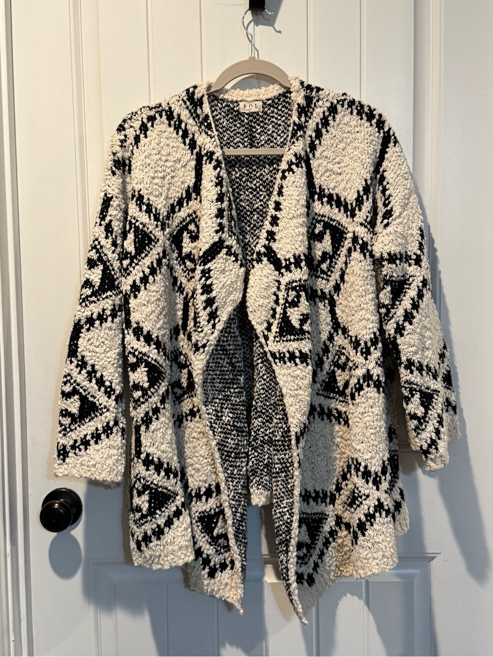 POL Black & Cream Geometric Open-Front Women's Cardigan